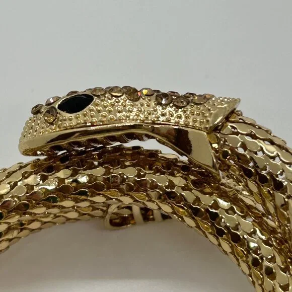 Gold-Tone Memory Wire Snake Bracelet With Black Eyes & Rhinestone Accents - Picture 4 of 10